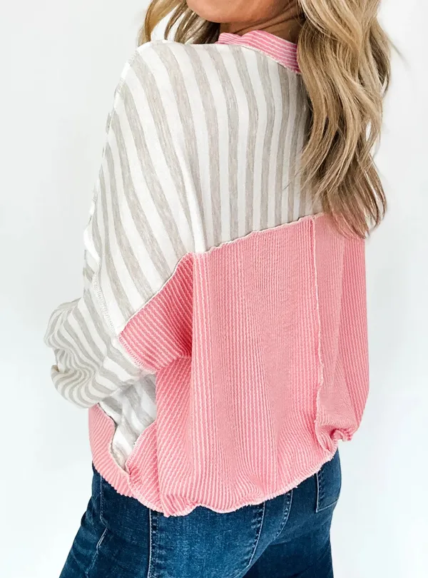 Striped Round Neck Ribbed Relaxed Stretch Fabric Long Sleeve Top