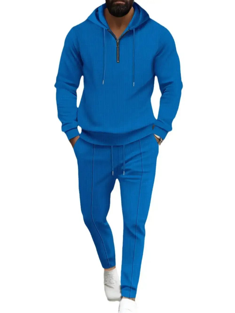 Waffle-Knit Half-Zip Hoodie and Pants Sport Set