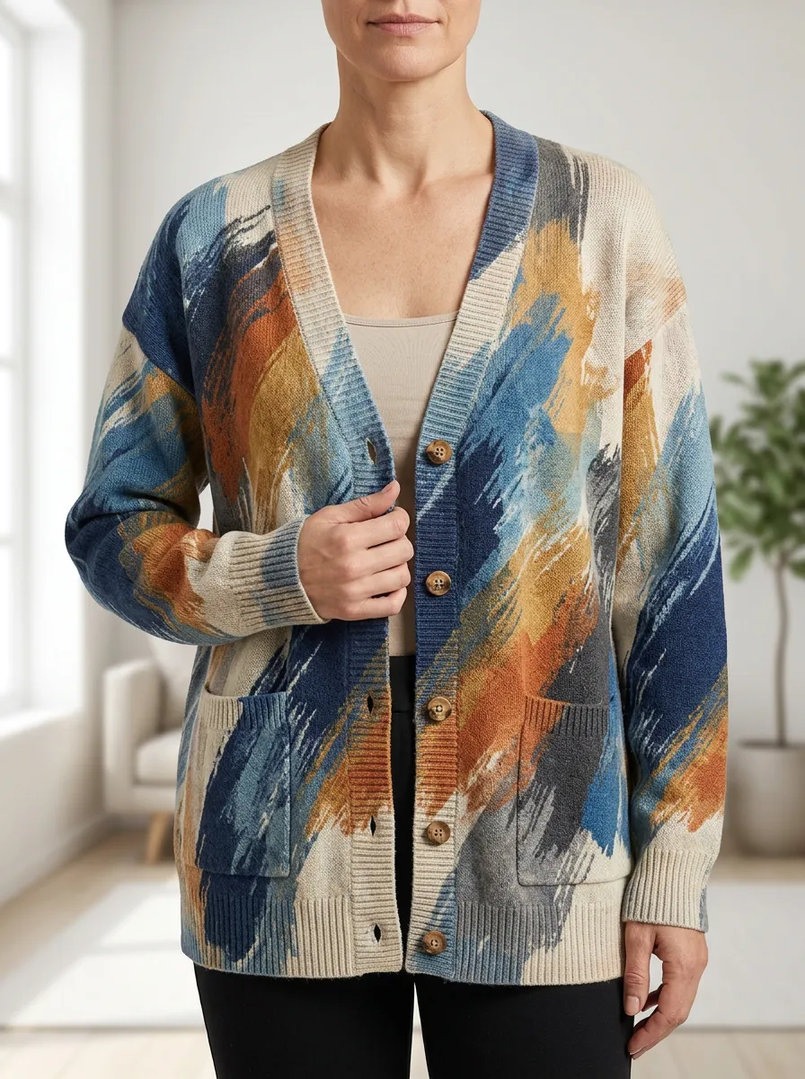 Women's Abstract Art Brushstroke Printed Textured Knit Classic Layering Cardigan