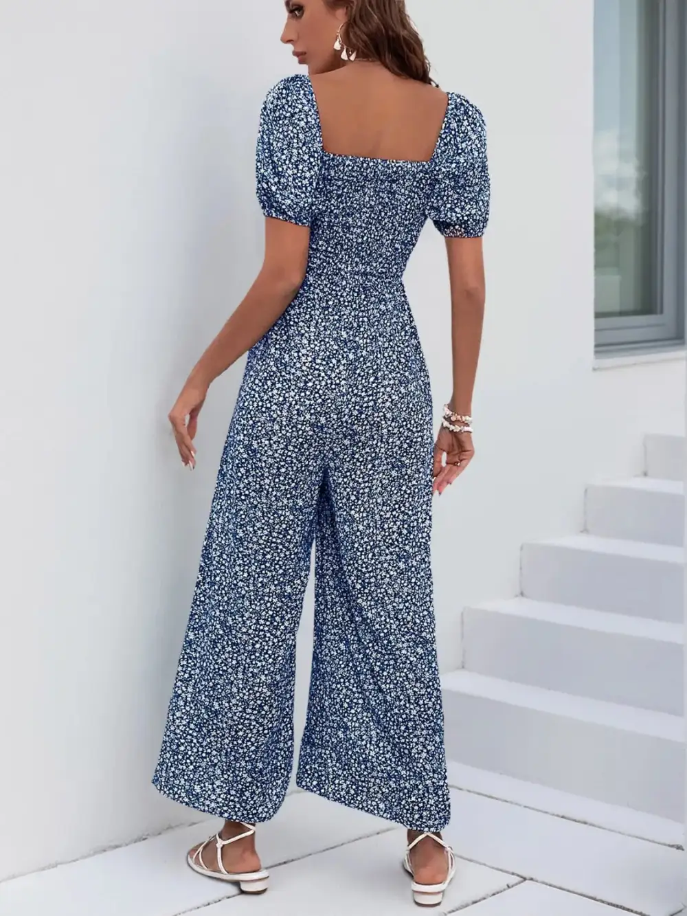 Printed Square Neck Puff Sleeve Everyday Jumpsuit
