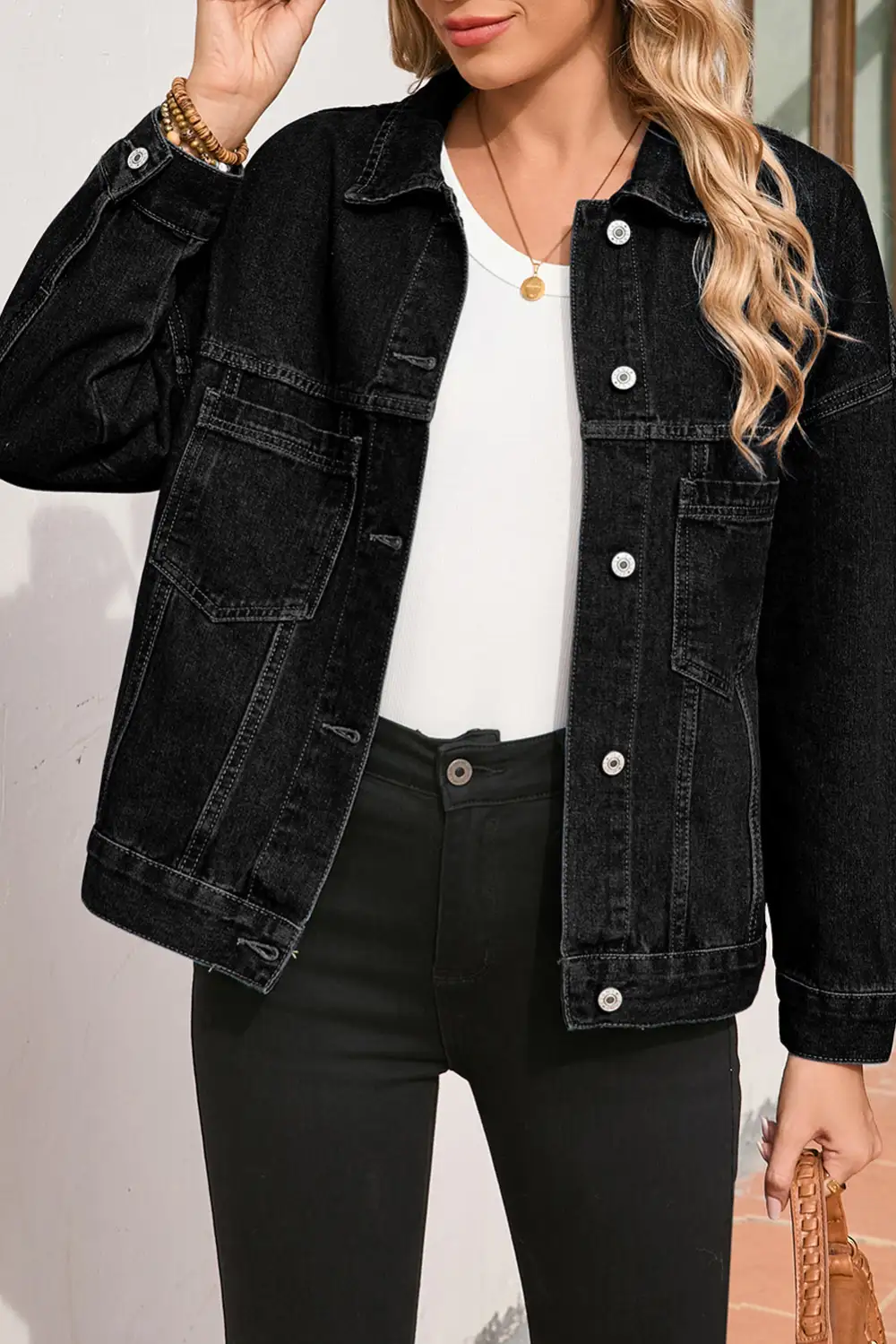 Women's Washed Oversize Pocketed Denim Jacket