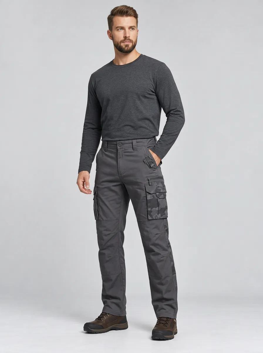 Men's Charcoal Grey Camo Multi-Pocket Articulated Knee Tactical Cargo Pants