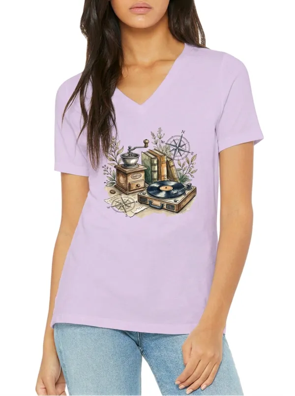Women's Vintage Hobby Lover Books Vinyl Record Compass Graphic V-Neck T-Shirt