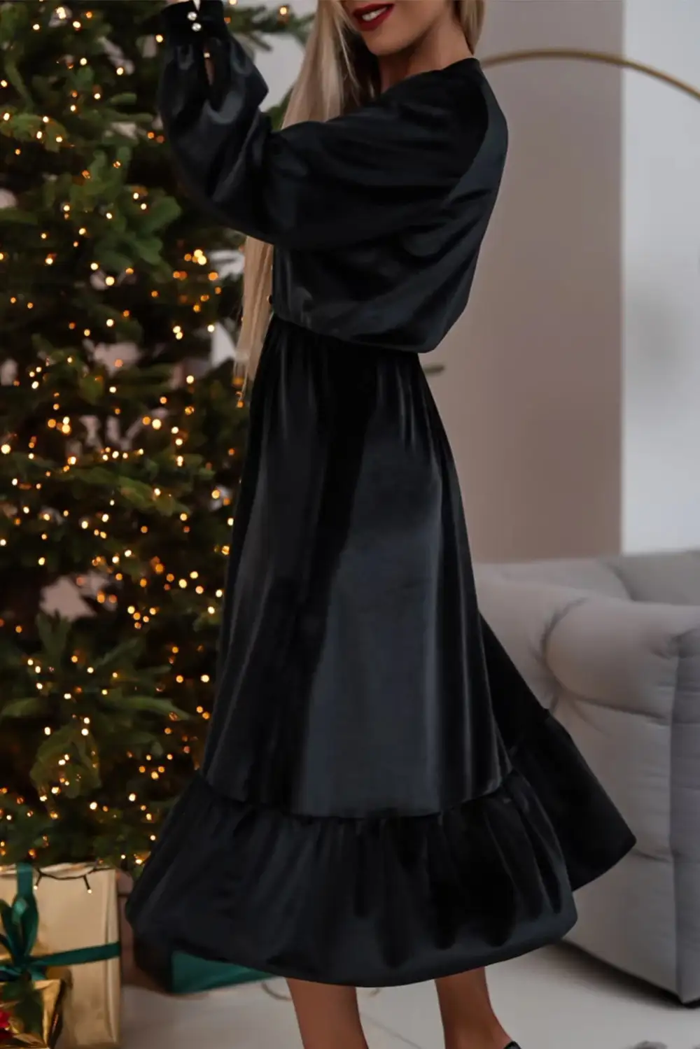 Velvet Puff Sleeve V Neck Button Front Side Slit Midi Dress