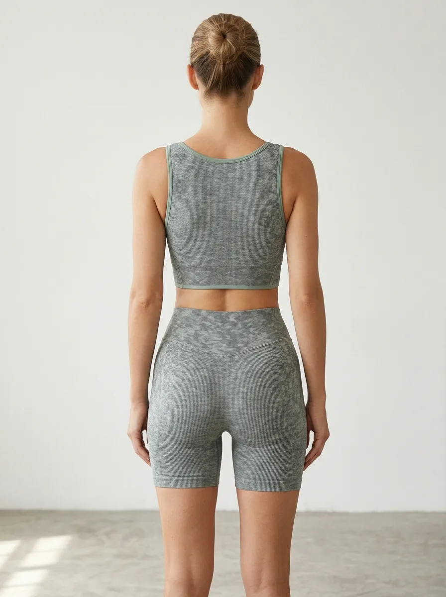 Practical Camo Pattern Ribbed Texture Essential Women's Tank Top And Sports Shorts Set