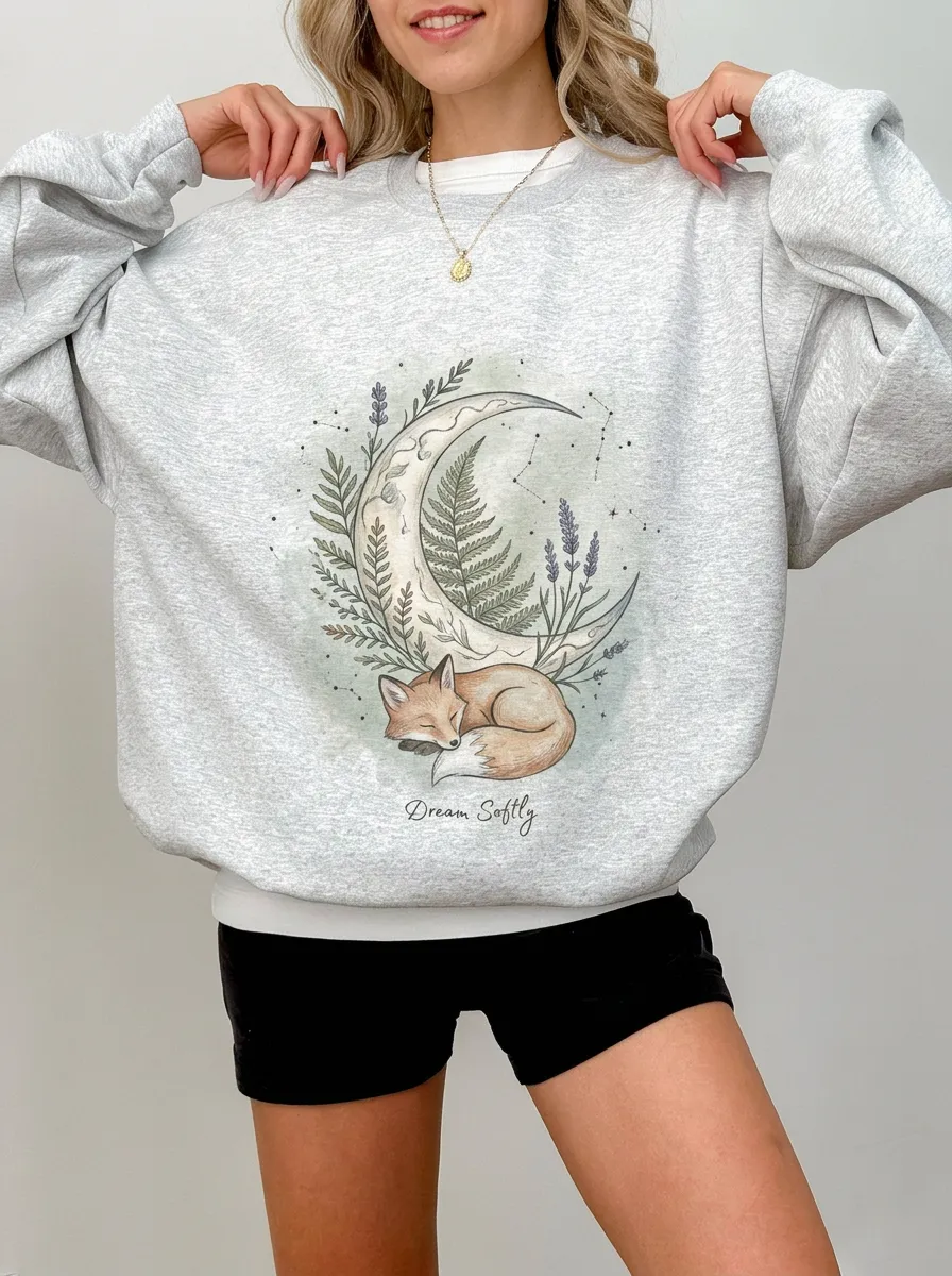 Women's Nature Sleeping Fox Moon Graphic Sweatshirt