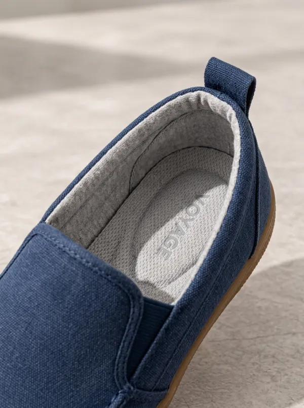 Men's Navy Canvas Moc-Toe Gum-Sole Elastic-Gore Low-Profile Pull-Tab Coastal Slip-On Boat Shoes