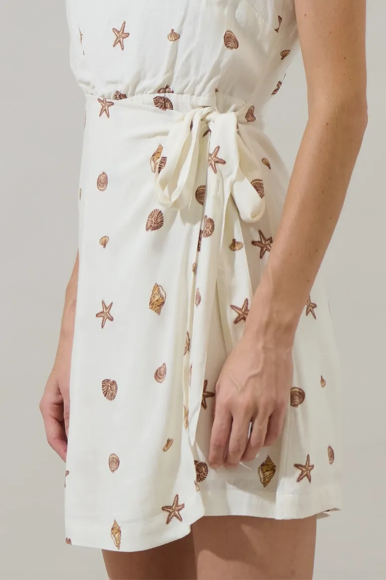 Ivory Sea Shell Print Wrap Mini Dress