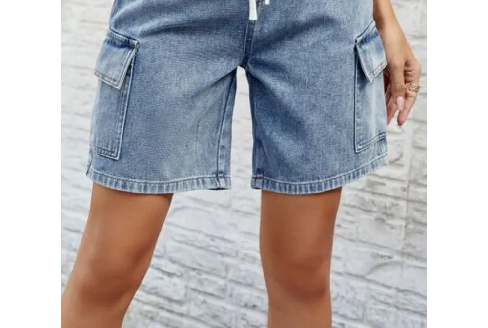 Drawstring Denim Shorts with Pockets