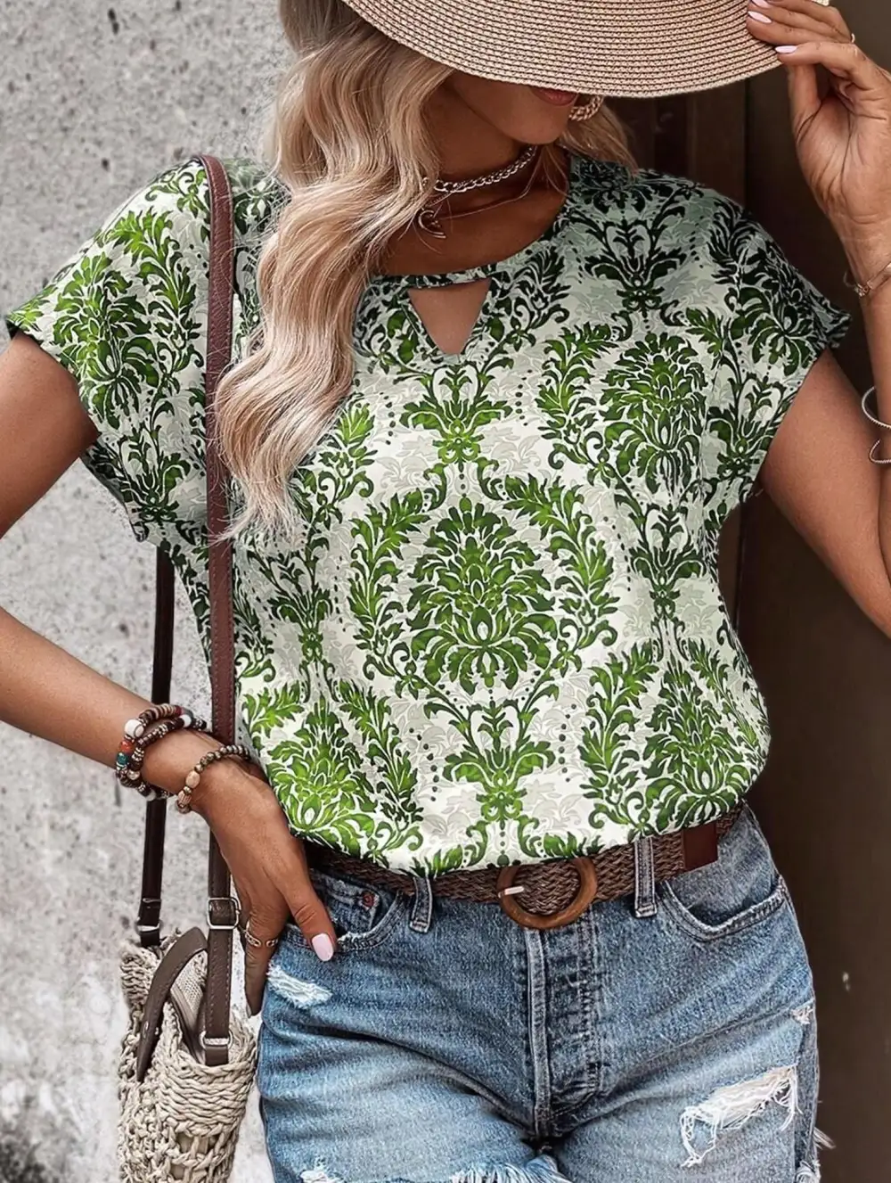Print V-Neck Batwing Sleeve Top