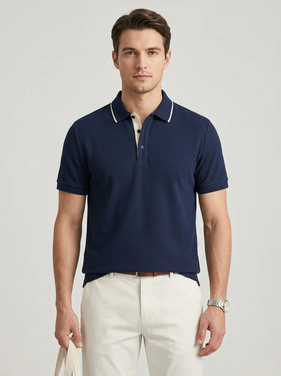 Men's Navy Blue Contrast Collar Textured Polo Shirt