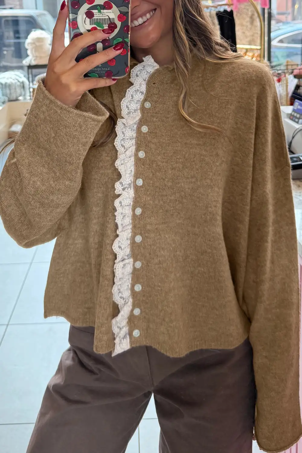 Lace Trim Ruffle Trim Slouchy Cardigan
