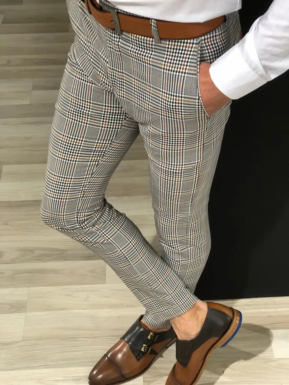 Refined Textured Slim Fit Plaid Tailored Trousers
