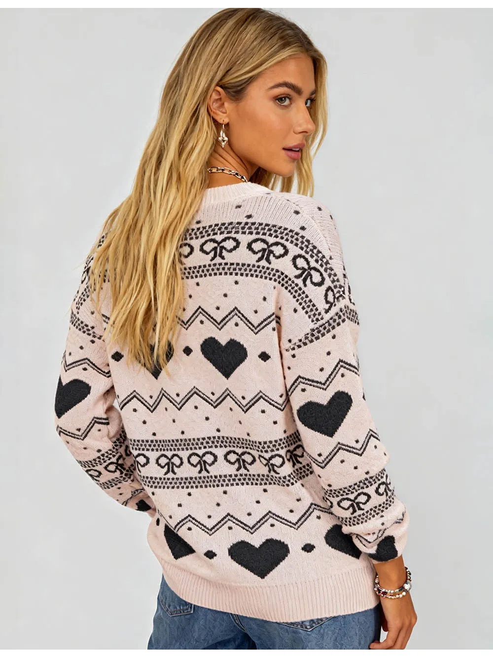 Valentine Heart and Bow Pattern Pullover Sweater