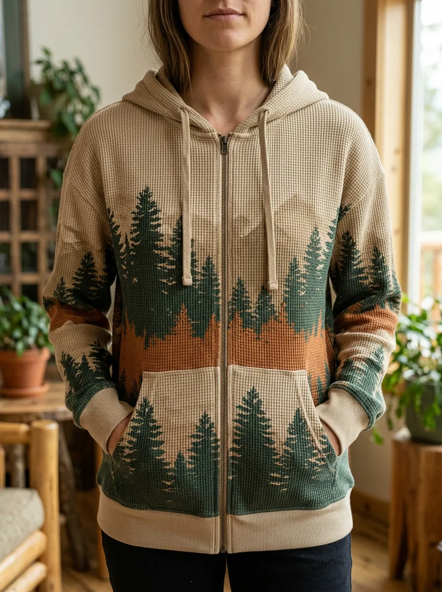 Women's Nature Lover Pine Forest Printed Waffle Zip Hoodie