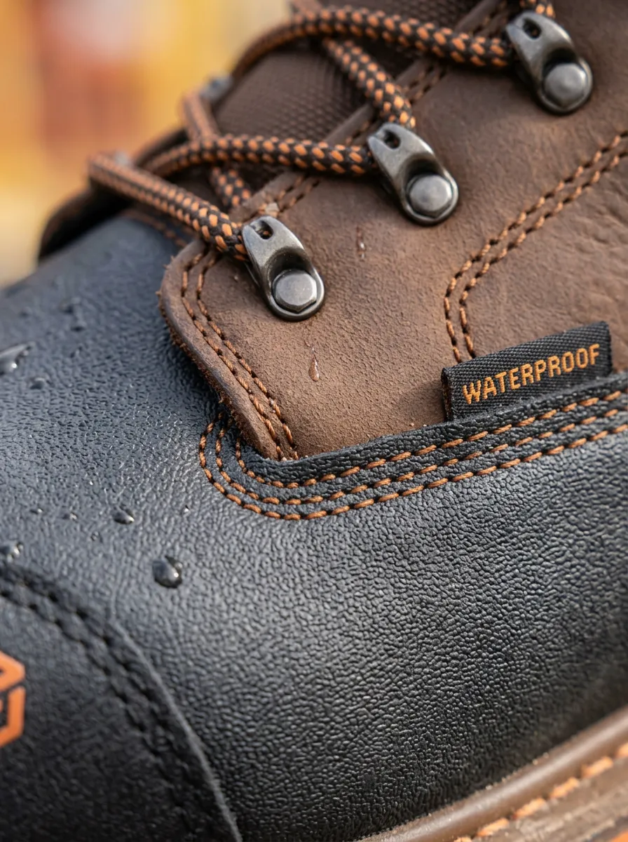 Men's Waterproof Brown Leather Orange Trim Construction Work Boots