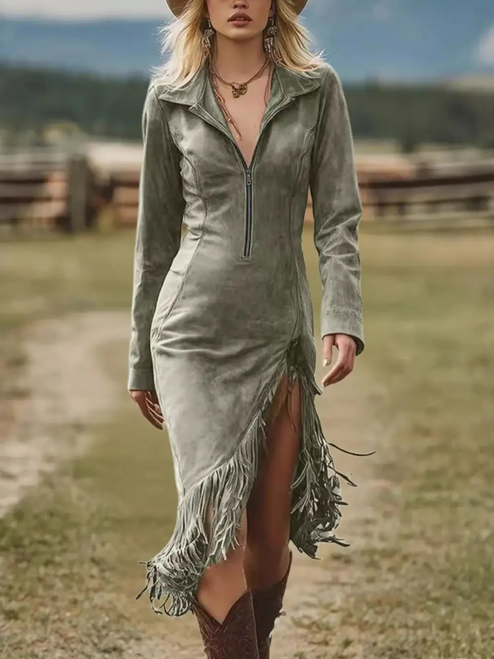 Gathered Detail Zip Front Dress