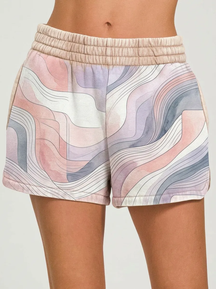 Women's Abstract Wavy Line Pastel Watercolor Printed Shorts