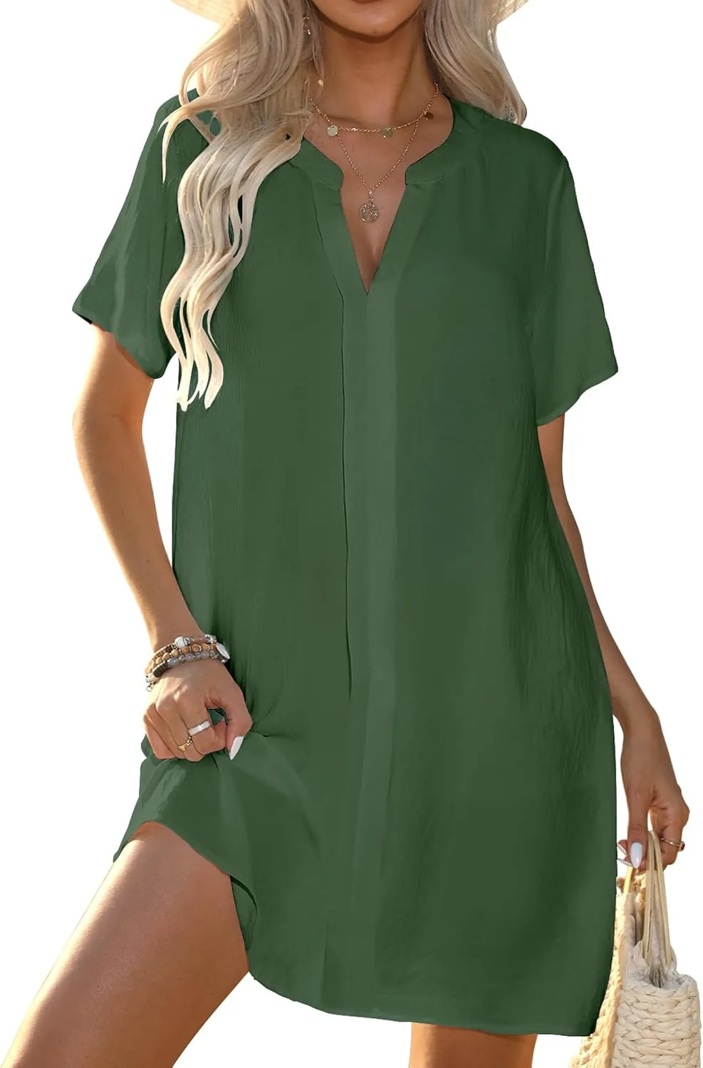 Women's Swimsuit Coverup V Neck Short Sleeve Beach Cover Ups