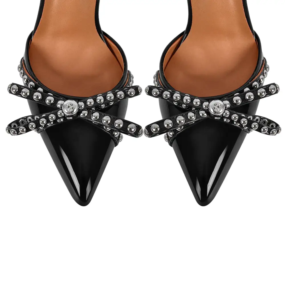 Sleek Rivet Pointed Toe Stiletto Ankle Strap Pumps