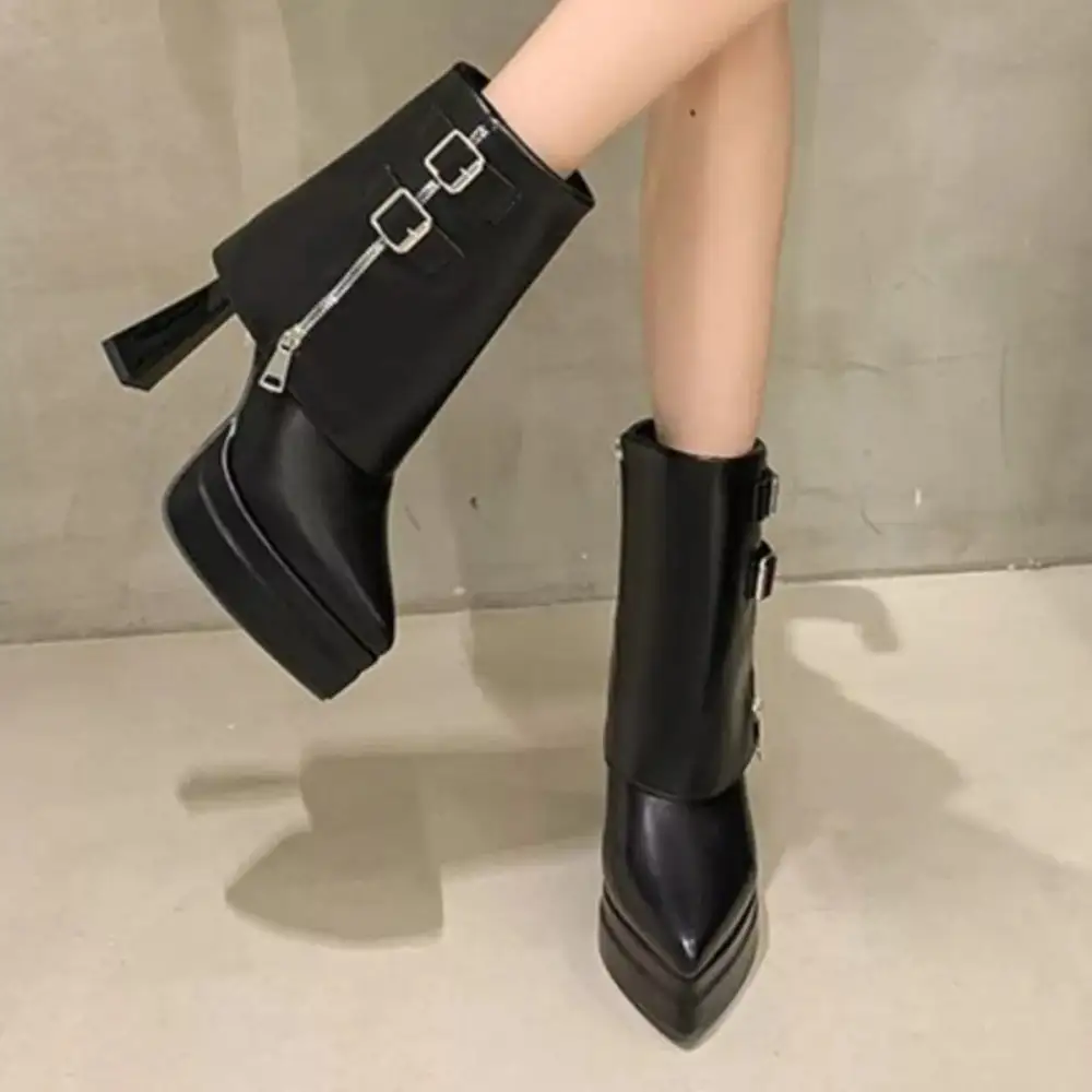Buttoned Weekend Point Toe Block Heels Boots