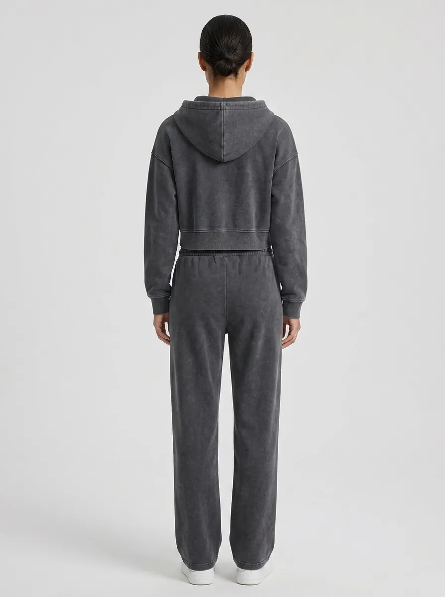 Zip-Up Vintage-Wash Sweatpants Athleisure Women's Cropped Zip-Up Hoodie Jogger Active Set