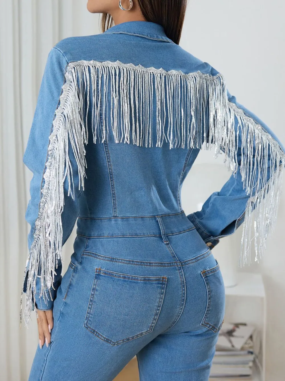 Fringe Half Button Long Sleeve Jumpsuit Denim Pants