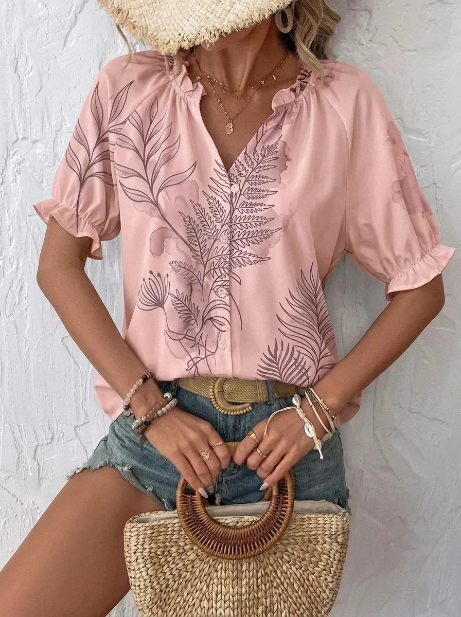 Women's Botanical Fern Watercolor Printed V-Neck Blouse