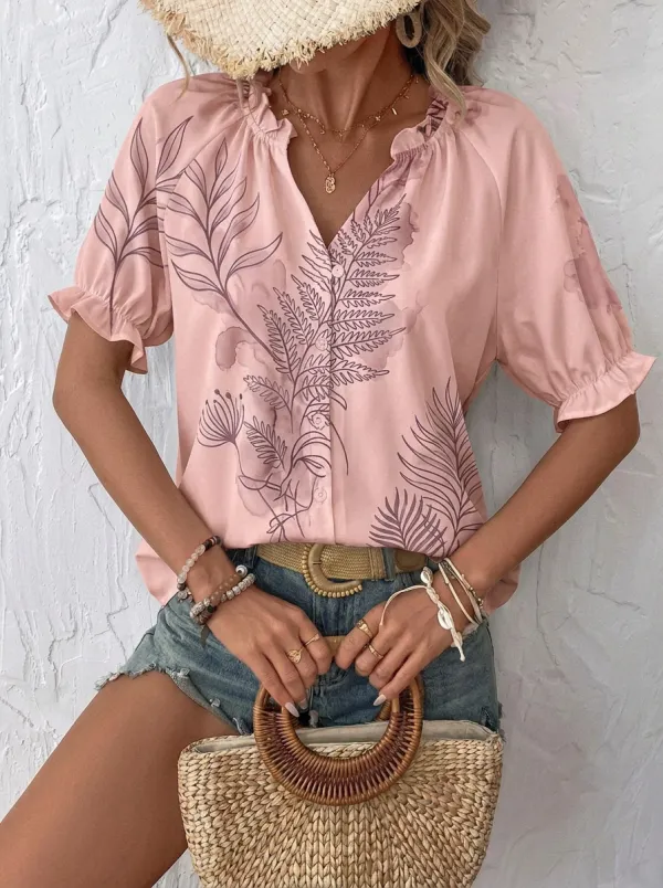 Women's Botanical Fern Watercolor Printed V-Neck Blouse