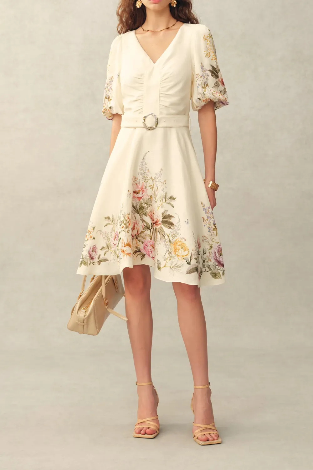 Puff Sleeve Belted Hand-Painted Floral Silk Linen Blend Mini Dress