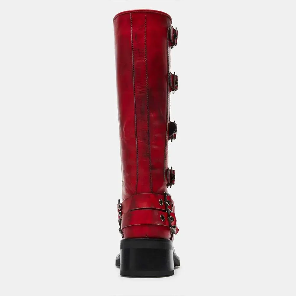 Faux-Leather Distressed Buckle-Detail Round-Toe Knee-High Boots