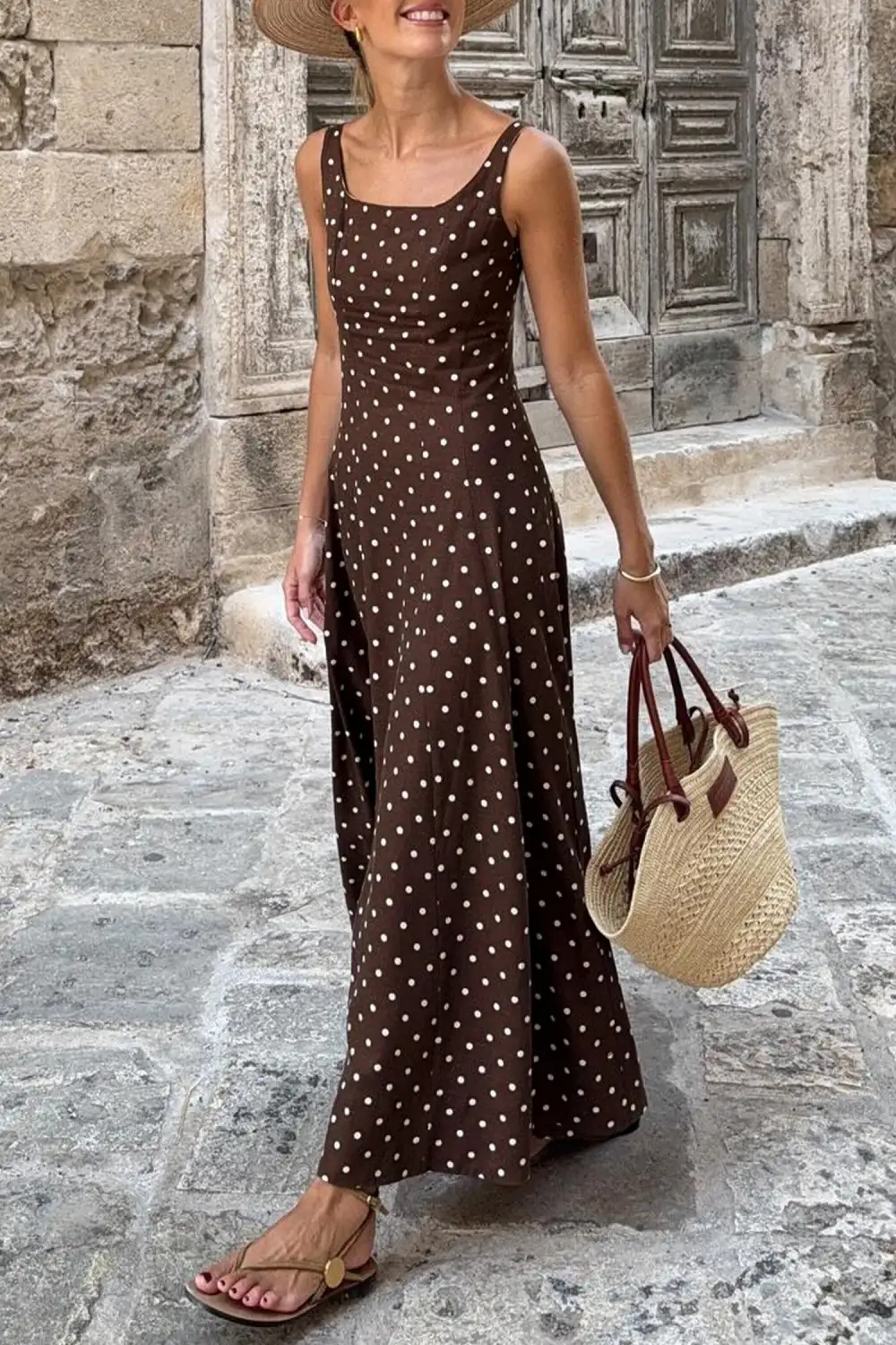 Classic Polka Dot Print Square Neck Sleeveless Vacation Long Dress
