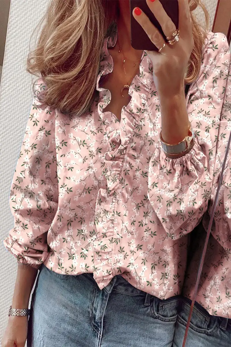 Ruffled Smooth V-Neck Blouse