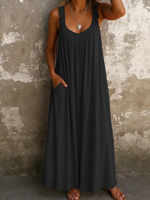 Pleated Ruffled Neck Maxi Dress