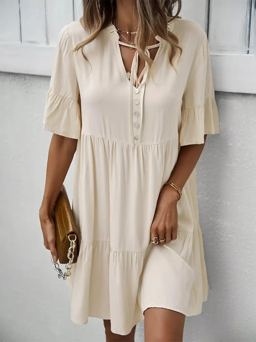 Button Front Ruffle Tiered Mini Dress