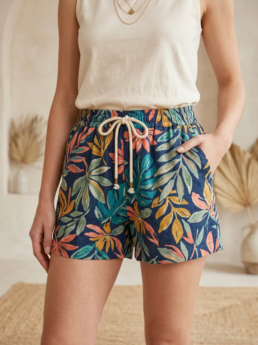 Women's Tropical Leaf Botanical Rope Drawstring Printed Shorts
