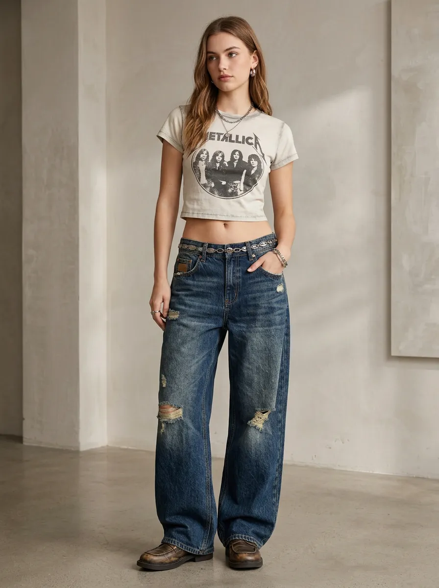 Women's Vintage Style Distressed Wide Leg Printed Jeans