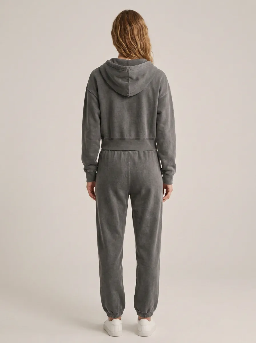 Zip-Up Vintage-Wash Jogger Women's Cropped Zip-Up Hoodie Jogger Active Set