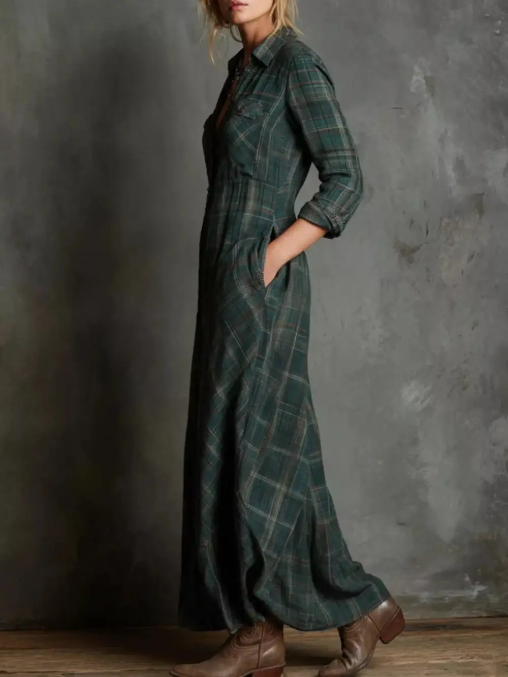 Drape Plaid Button Front Maxi Dress