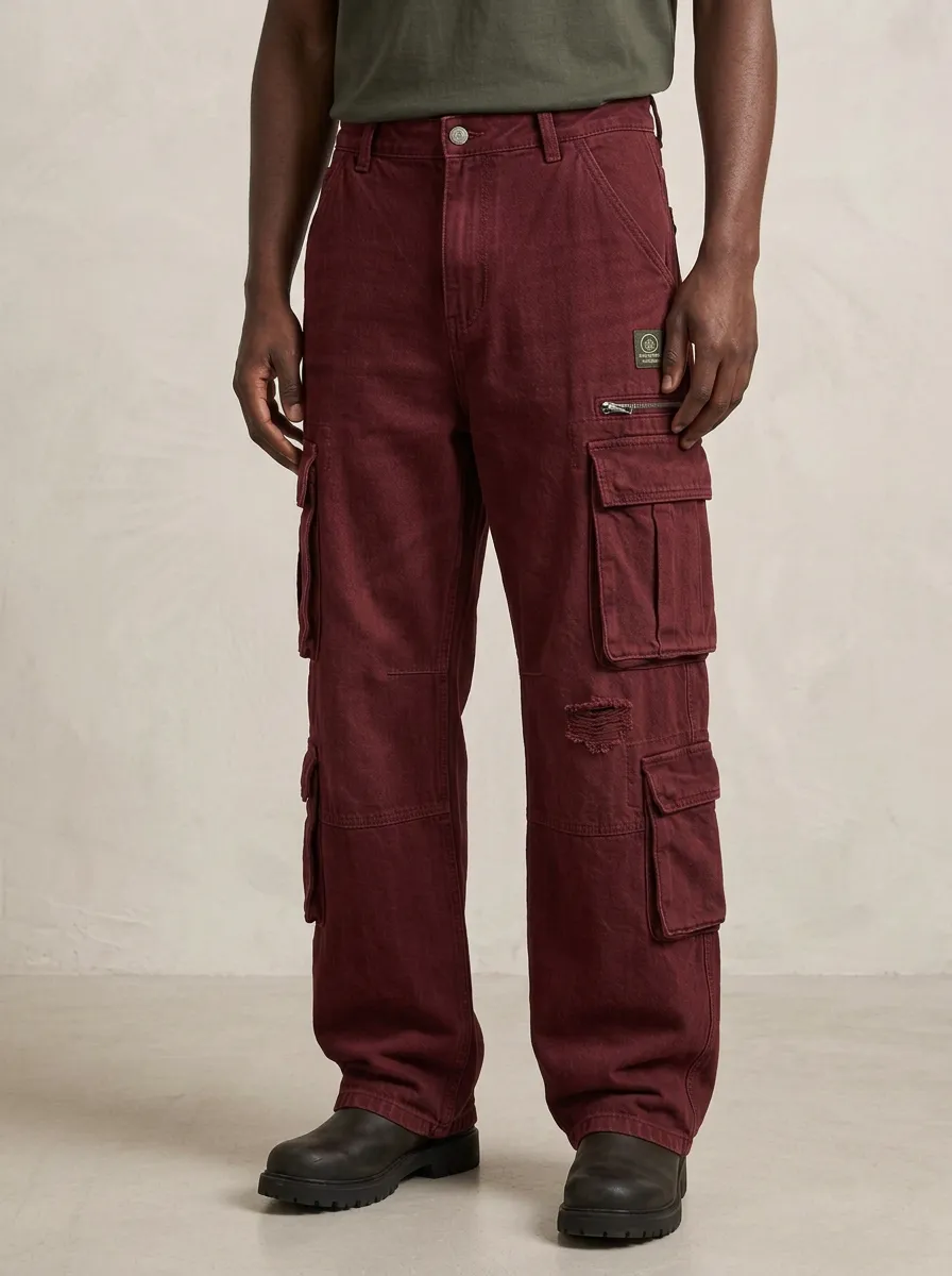 Men's Mid-Blue Distressed Mid Blue Reinforced Knee Cargo Pants