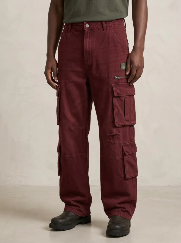 Men's Mid-Blue Distressed Mid Blue Reinforced Knee Cargo Pants