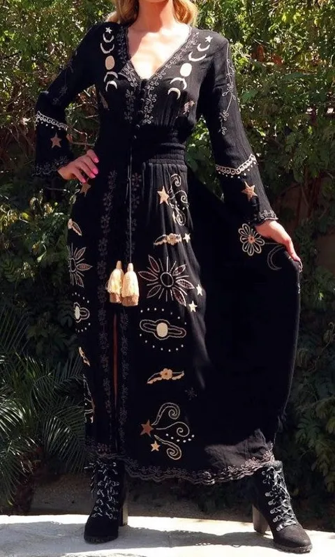 Black Gold Embroidered Tassel Maxi Dress