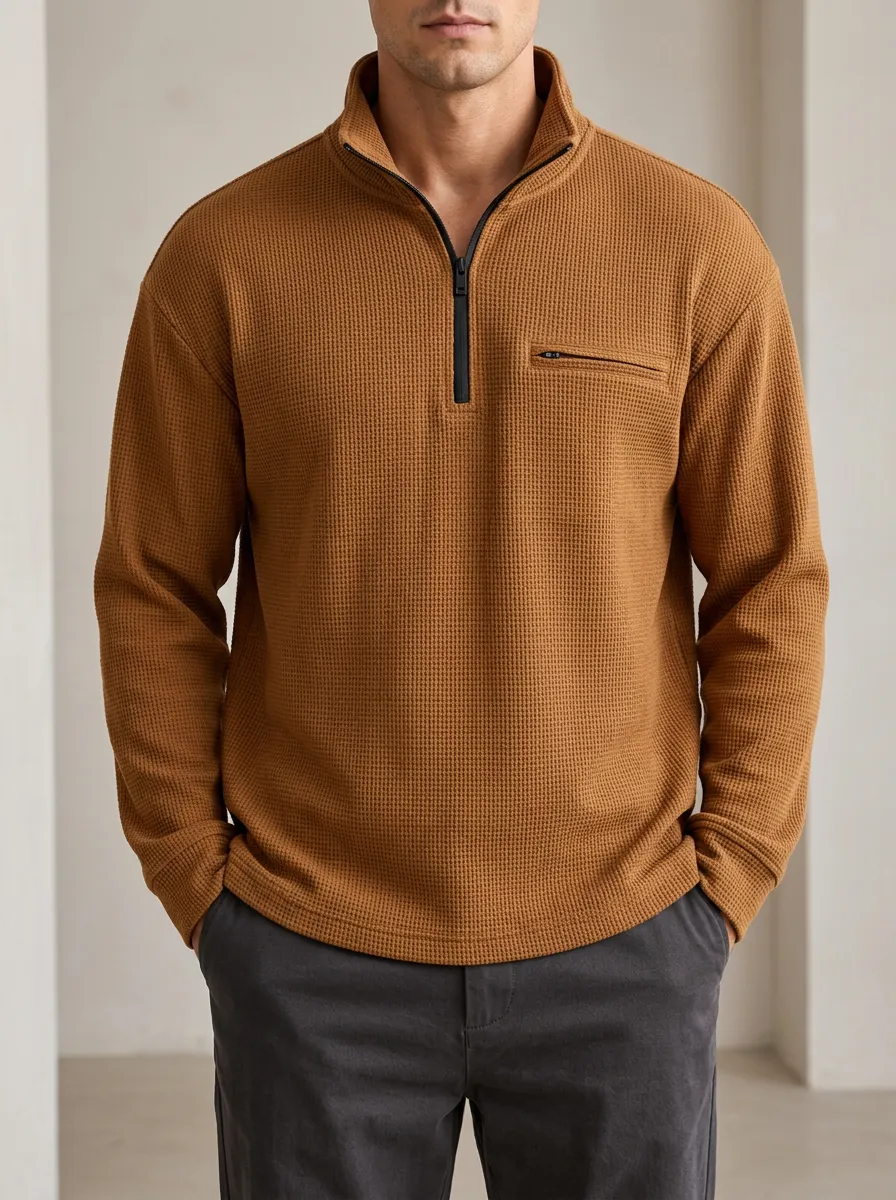 Relaxed Sweatshirt with Waffle Knit Finish and Quarter-Zip Front