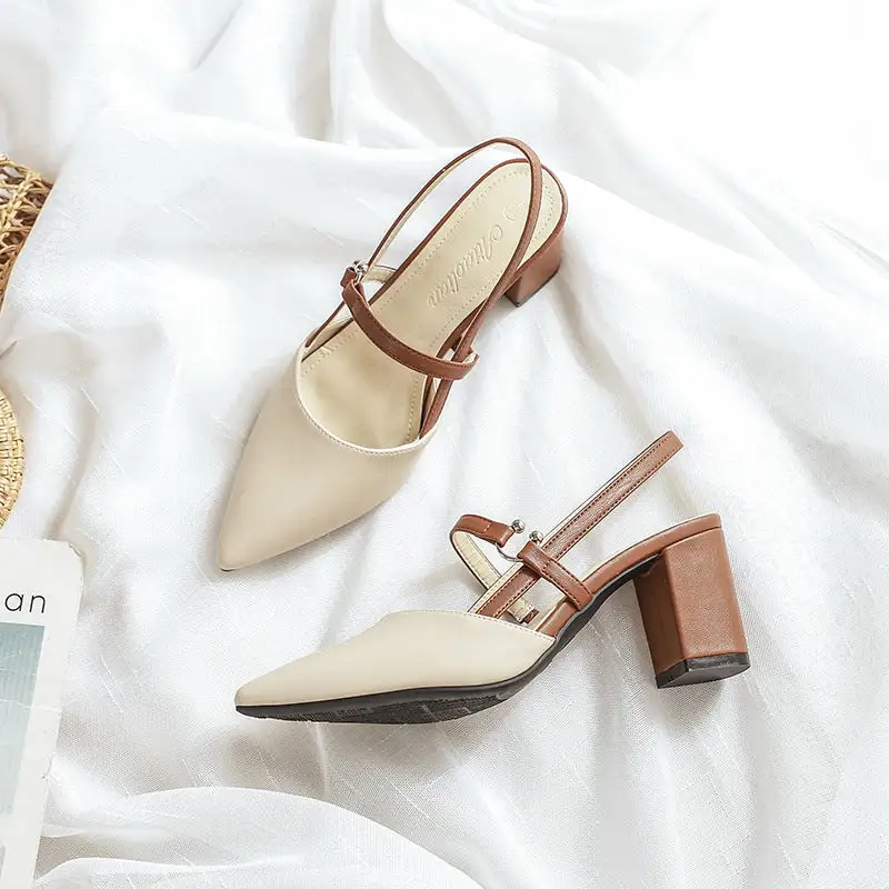 Backless Pointed Toe Thick Heel Sandals