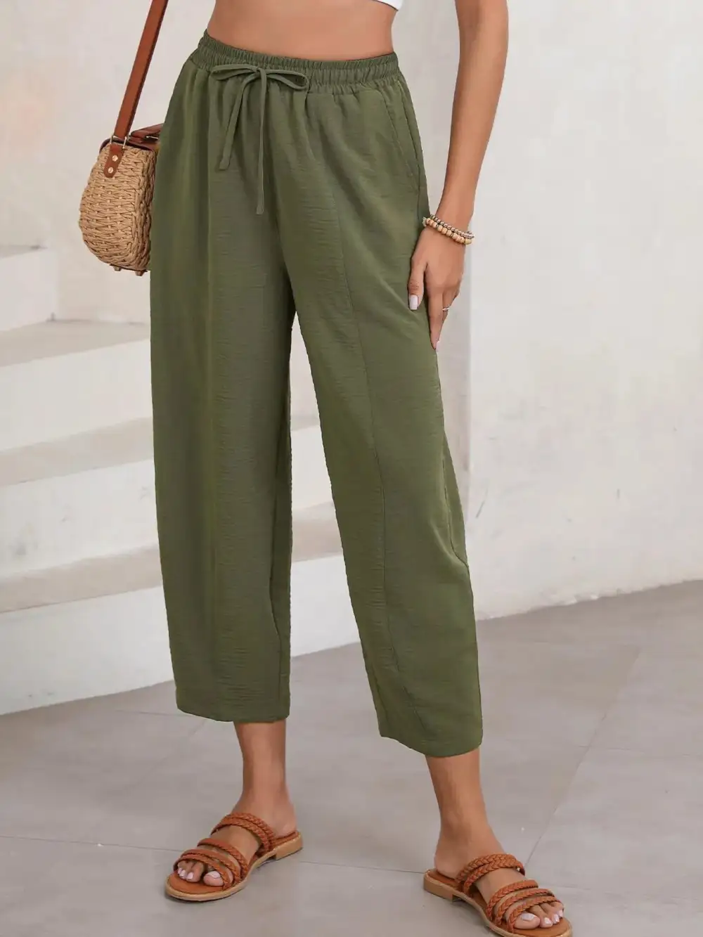 Full Size Drawstring Wide Leg Cropped Pants Plus Size