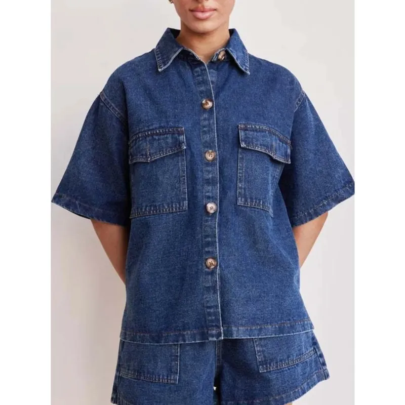 Button-Up Half-Sleeve Denim Shirt
