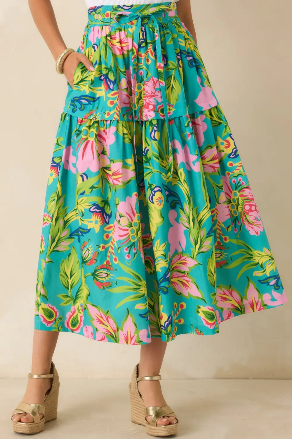 Jade Tropical Floral Cotton Midi Skirt