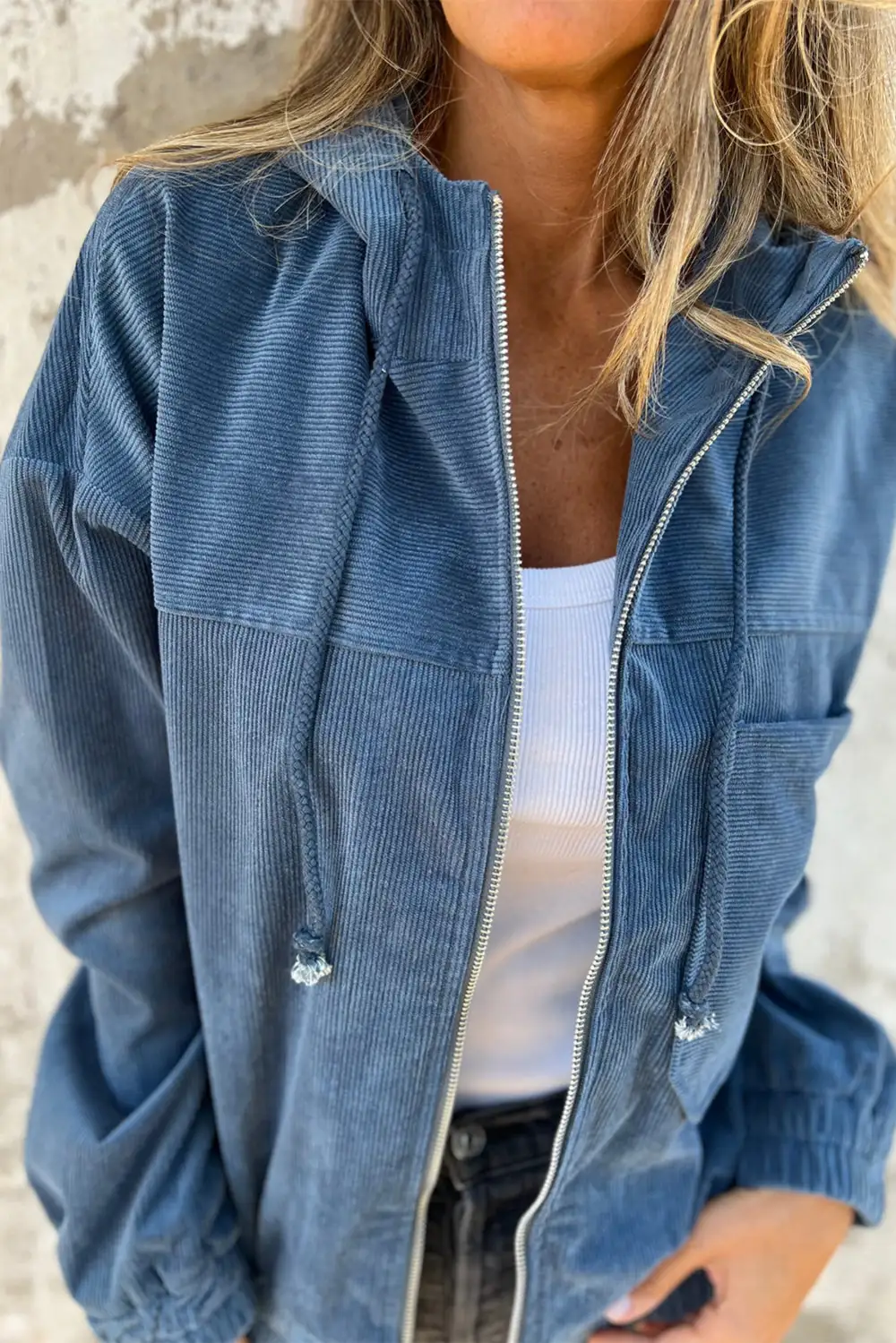 Corduroy Drawstring Pocket Hooded Jacket