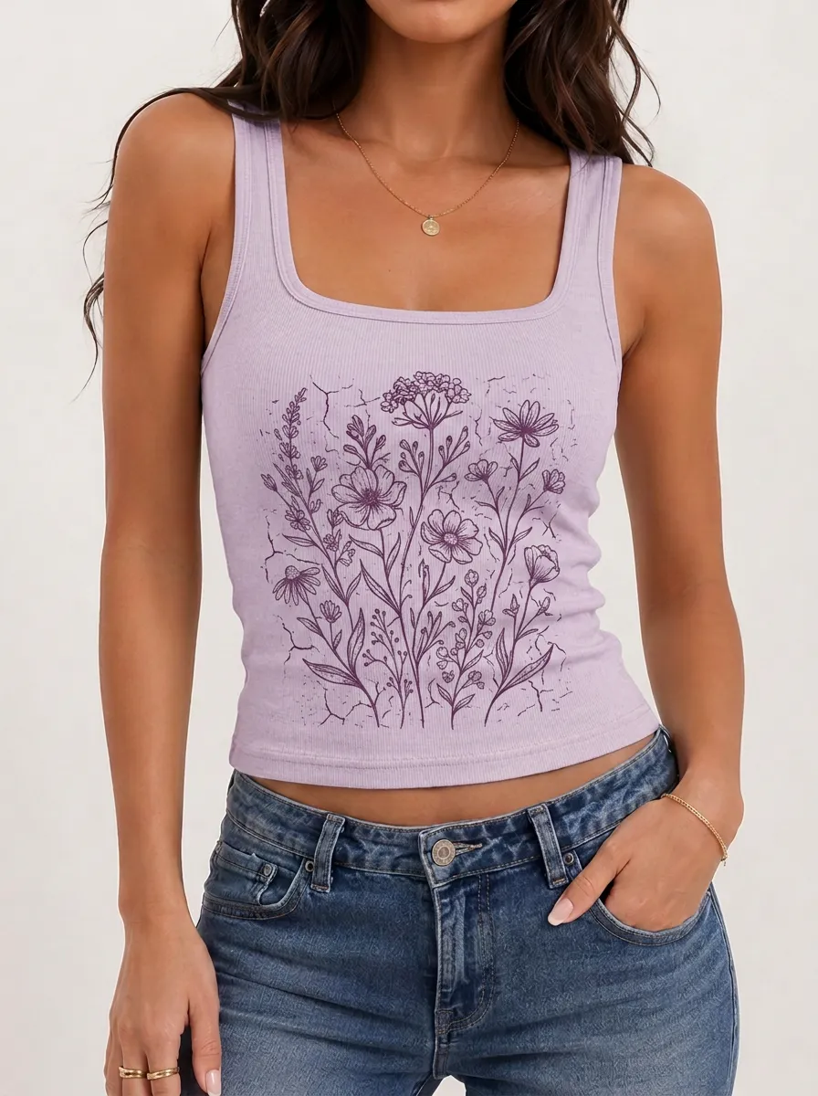 Women's Floral Nature-Inspired Wildflower Wide-Strap Ribbed Tank Top