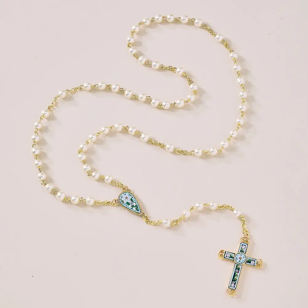 Pearl Mosaic Cross Long Strand Necklace
